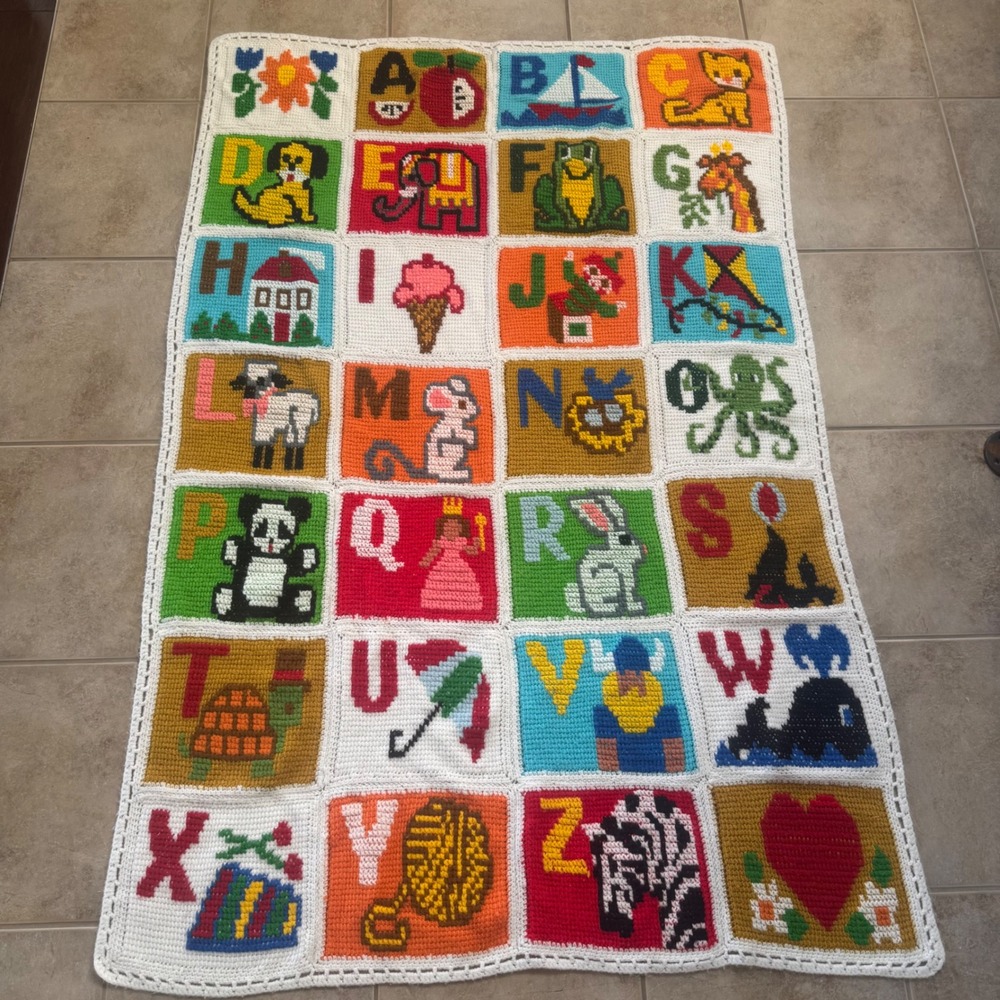 Vintage Handmade Crochet Alphabet ABC Animals Nursery Throw Blanket 41x60